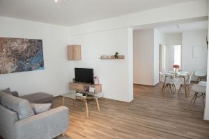 a living room with a couch and a tv at Bright 2BR apartment in Palaio Faliro-(FAL_A1) in Athens