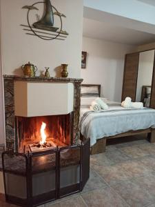 a bedroom with a fireplace with a bed in the background at Pelion Mountain & Sea Villa - Private Studio in Áno Gatzéa