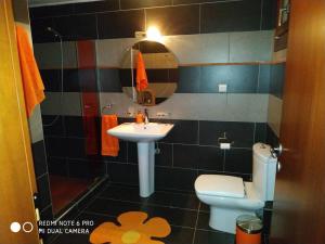 a bathroom with a sink and a toilet and a mirror at Pelion Mountain & Sea Villa - Private Studio in Áno Gatzéa
