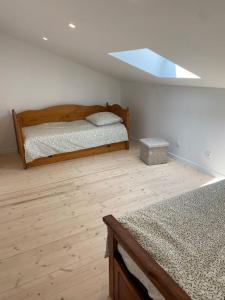 een slaapkamer met 2 bedden en een dakraam bij Gite "La Coline d'Océane" - Neffies in Néffiès