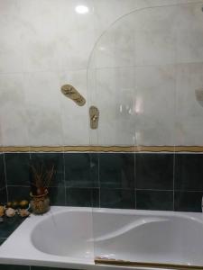 a bath tub in a bathroom with a glass wall at Apartamento acolhedor na Cidade da Praia in Praia