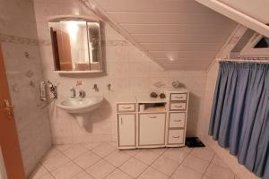 ein Bad mit einem Waschbecken, einem Spiegel und einer Dusche in der Unterkunft Behagliches Haus am Waldrand in Nähe von Berlin 