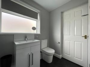 a bathroom with a toilet and a sink and a window at Cosy & Comfortable Apartment w/Parking in Worksop