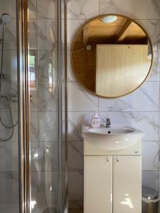 a bathroom with a shower and a sink and a mirror at Verde Land - Drewniany domek na wsi in Osiek Mały