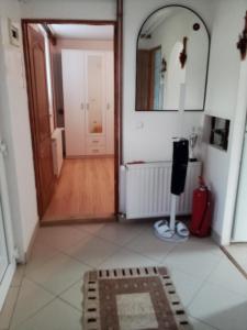 a hallway with a door and a mirror and a suitcase at APARTMAN MILICA in Požarevac