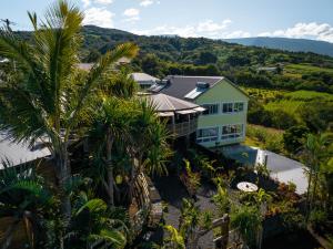 - une vue aérienne sur une maison avec des palmiers dans l'établissement Les Hébergements au Dy-Na, à Petite Île