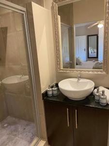 a bathroom with a sink and a shower and a mirror at Zacks Country Stay in Krugersdorp