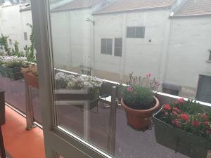 a balcony with some potted plants on a window at Appartement Street-art in Paris