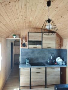 a kitchen with wooden walls and a wooden ceiling at Osada nad żurawim stawem in Krzywogonice