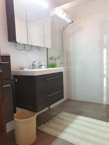 a small bathroom with a sink and a shower at Les Mélèzes in Val-d'Illiez