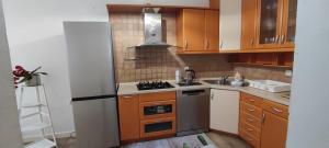 a small kitchen with a stove and a refrigerator at Apartmani Niko Drašnice in Drašnice