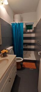 a bathroom with a toilet and a blue shower curtain at Apartmani Niko Drašnice in Drašnice