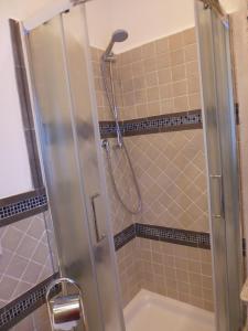 a shower with a glass door in a bathroom at Villa il Poderino in Marina di Campo