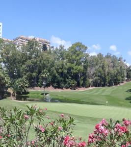 a view of a golf course with pink flowers at Dream Sea Golf & Beach in Benalmádena
