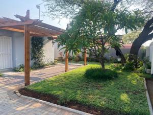 a garden with a tree and a wooden pergola at @20401 in Gaborone