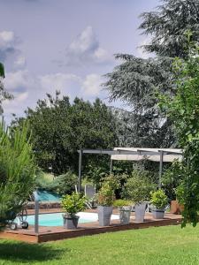 une rangée de plantes en pot assise à côté d'une piscine dans l'établissement L'Oustalet, à Carbonne
