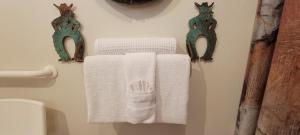 a group of towels hanging on a wall in a bathroom at Hot Springs Inn in Ouray
