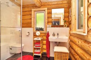 a bathroom in a log cabin with a sink and a toilet at Chalet Blumental in Neuschönau