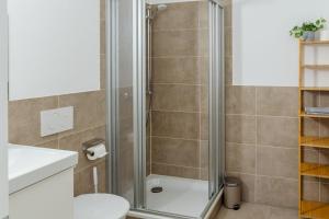 La salle de bains est pourvue d'une douche avec une porte en verre. dans l'établissement Apartments am Hauptbahnhof, à Rostock