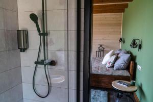 baño con ducha y cama en Istvándy Birtok en Káptalantóti