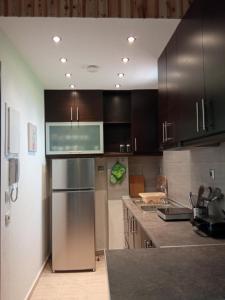 a kitchen with brown cabinets and a stainless steel refrigerator at Rodiola House in Afitos