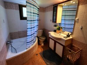 a bathroom with a sink and a shower and a toilet at Omikron in Mikro +67 photos
