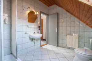 La salle de bains est pourvue d'un lavabo et de toilettes. dans l'établissement Laguna Panzio, à Ráckeve
