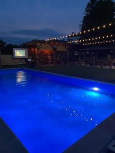 a swimming pool lit up at night with lights at Garden House in Apatin