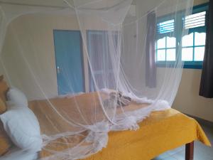 a bedroom with a bed with a mosquito net at Au Village de Menard in Saint-Louis