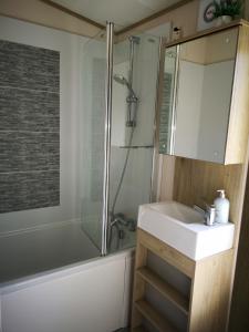 a bathroom with a sink and a shower at Lake Escape - Hoburne Cotswolds in South Cerney
