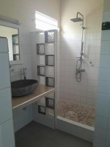 a bathroom with a shower and a sink at Au Village de Menard in Saint-Louis +53 photos