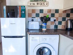 a kitchen with a washing machine and a counter at Dart Haven - cheerful holiday bungalow in Galmpton in Galmpton-on-the-Dart