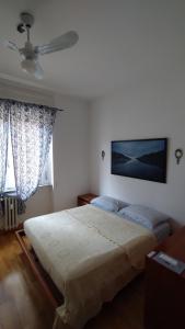 een slaapkamer met 2 bedden en een plafondventilator bij Centro e porto in Livorno