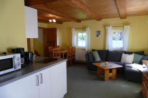 eine Küche und ein Wohnzimmer mit einem Sofa und einem Tisch in der Unterkunft No.5 - Ferienwohnung Schkade in Kleingießhübel