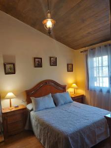 a bedroom with a bed with blue sheets and two lamps at Ruta Del Aguila alojamiento turístico de calidad in Santa María de la Alameda