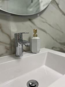 a bathroom sink with a faucet and a mirror at City Apartment Chiara in Maribor