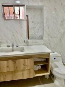 ein Badezimmer mit einem Waschbecken, einem WC und einem Spiegel in der Unterkunft Hermoso apartamento en el corazon del carnaval in Barranquilla