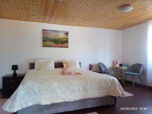 een slaapkamer met een bed en een houten plafond bij Casa Soveja Rucareni in Soveja