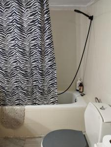 baño con cortina de ducha en blanco y negro en Seaview to Olympus, sunny, cosy apartment, en Néa Michanióna