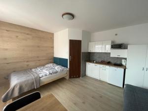 a small room with a bed and a kitchen at Best in Karwia