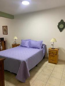 1 dormitorio con 1 cama de color púrpura y 2 mesitas de noche en Depto Centro en San Luis