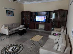a living room with couches and a flat screen tv at Amira Villa 1 Kanal 5 bedroom house, Johar Town Lahore in Lahore