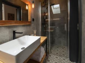 a bathroom with a white sink and a shower at Rooms Svoboda in Olomouc