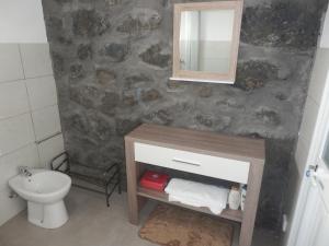 a bathroom with a sink and a toilet and a mirror at Casa da Lavadia in Canto da Areia