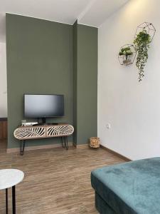 ein Wohnzimmer mit einem TV und einem Sofa in der Unterkunft Studio Green Зелено Студио in Burgas City
