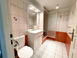 y baño con aseo, lavabo y ducha. en Spacieux duplex central avec terrasse tropézienne en Salon-de-Provence