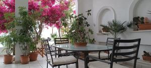 a table and chairs in a room with potted plants at Stefos Rooms in Galissas