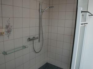 baño con ducha y puerta de cristal en Ferienwohnung am Rhein, en Koblach 37 fotos más