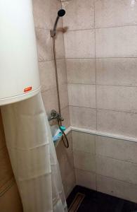 a shower with a shower curtain in a bathroom at Жути ранац / Yellow Backpack in Boljevac