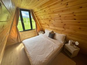 a bedroom with a bed in a wooden cabin at Liniștea Muntilor in Cârțișoara